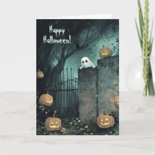 Carte De Remerciements Halloween avec fantôme et chat noir