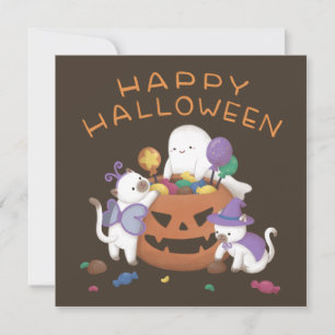 Carte De Remerciements Halloween heureux : Chats et fantômes