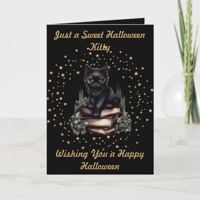 Carte De Remerciements Halloween Kitty avec Faux Gold Stars & Books Card (Devant)