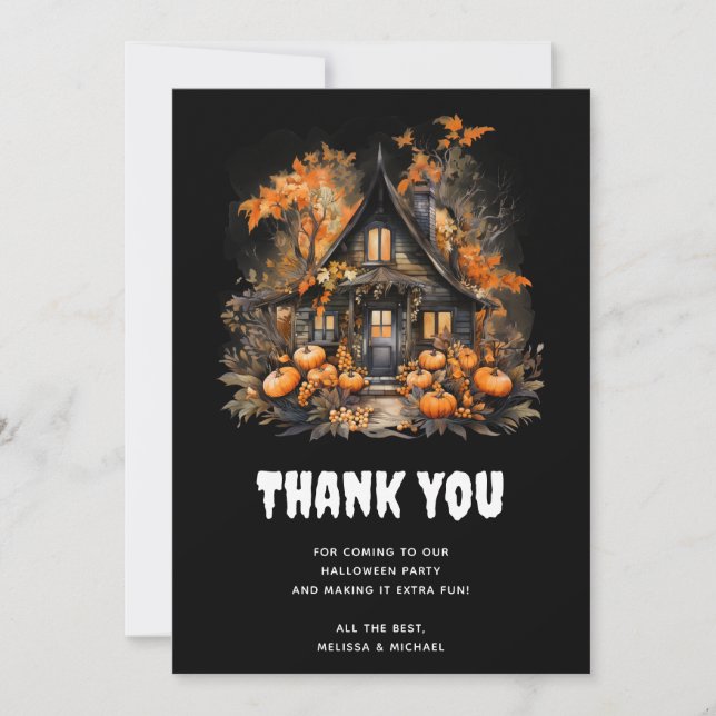Carte De Remerciements Halloween Maison hantée avec Citrouilles & Foliage (Devant)