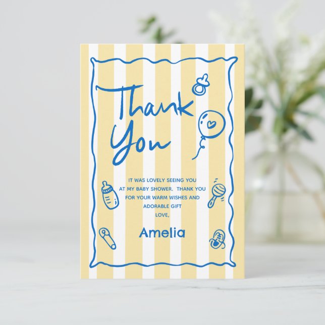 Carte De Remerciements Hand Drawn Blue Yellow Ciao Baby Thank You Card (Debout devant)