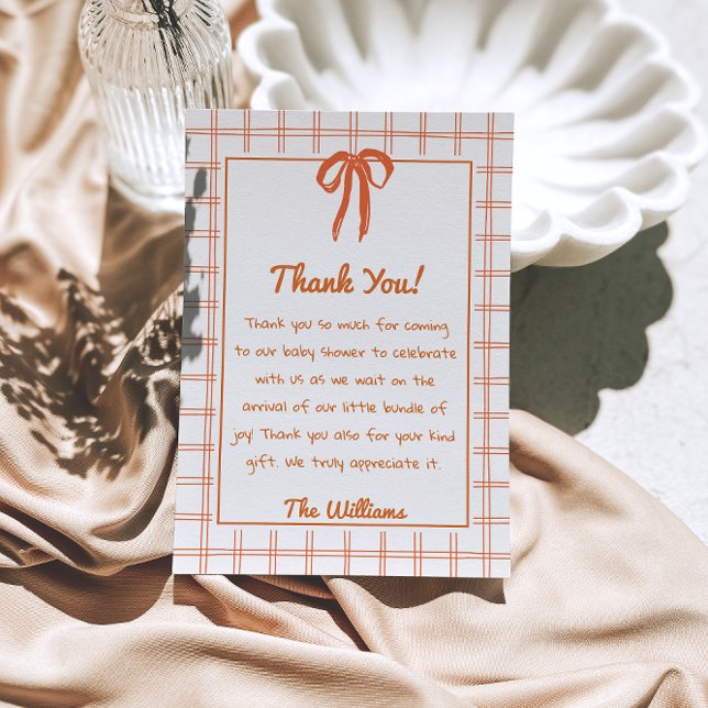 Carte De Remerciements Hand Drawn Orange Gingham Bow Neutral Baby Shower  (Créateur téléchargé)