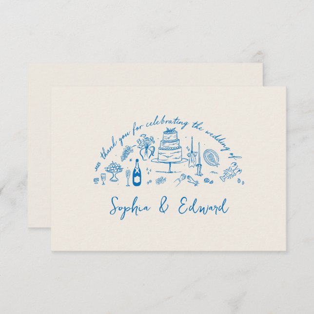 Carte De Remerciements Hand-drawn whimsical line art wedding style (Devant / Derrière)