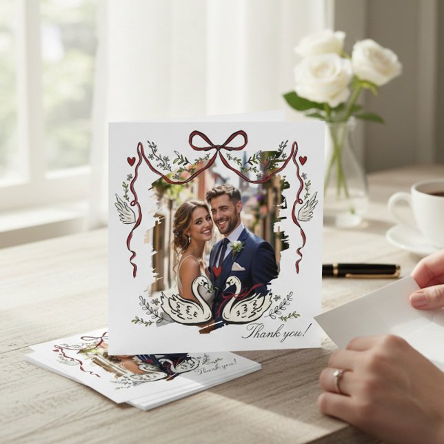 Carte De Remerciements Hand Drawn  Whimsical Swans Photo Card Thank You (Créateur téléchargé)