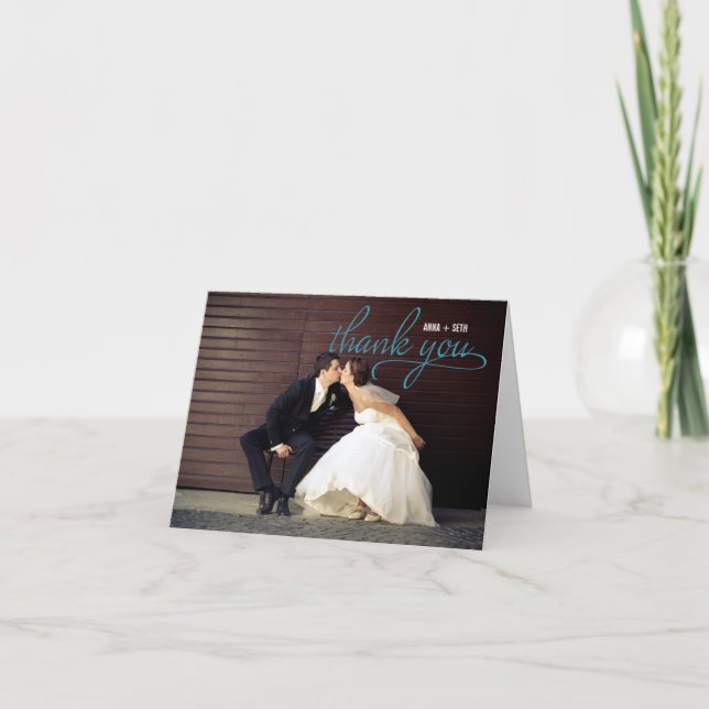 Carte De Remerciements HANDWRITTEN Wedding Thank You Photo Card - Blue (Devant)
