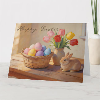Carte De Remerciements Happy Easter with Colorful Eggs and Tulips