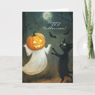 Carte De Remerciements Happy Halloween Chat et Ghost Fun