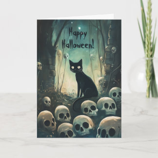 Carte De Remerciements Happy Halloween Chat parmi les crânes