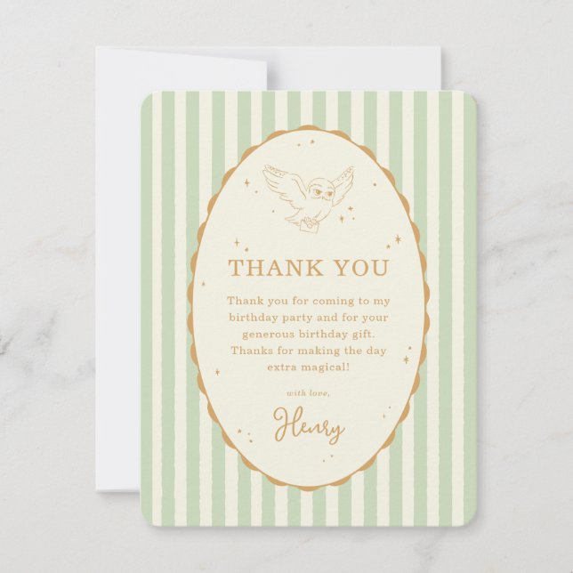 Carte De Remerciements Harry Potter Hedwig Rayure Verte Anniversaire (Devant)