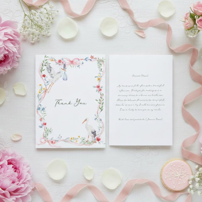 Carte De Remerciements Heirloom Rose Ribbon and Stork Hostess (Créateur téléchargé)