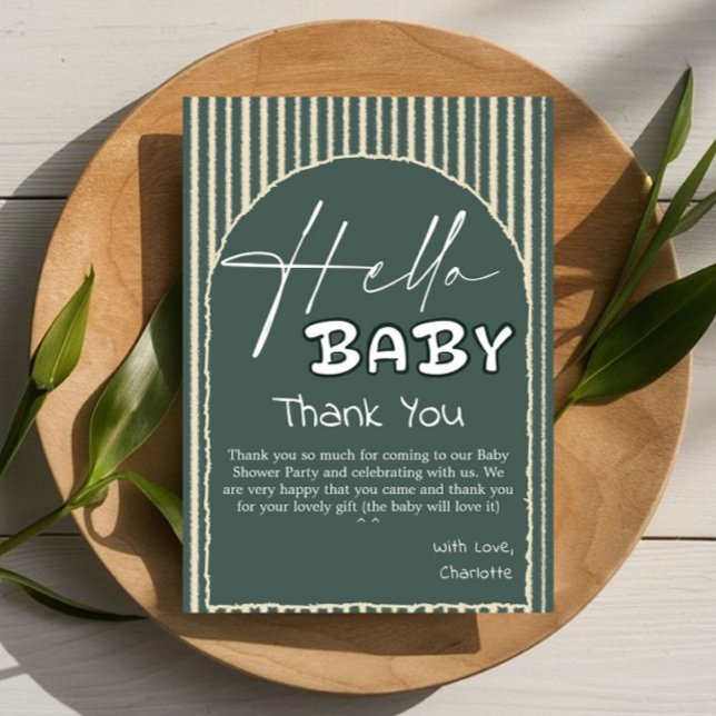 Carte De Remerciements Hello Baby Dark Green Stripes Baby Shower (Créateur téléchargé)