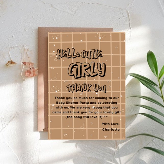 Carte De Remerciements Hello Cutie Girly Cute Brown Gingham Baby Shower (Créateur téléchargé)