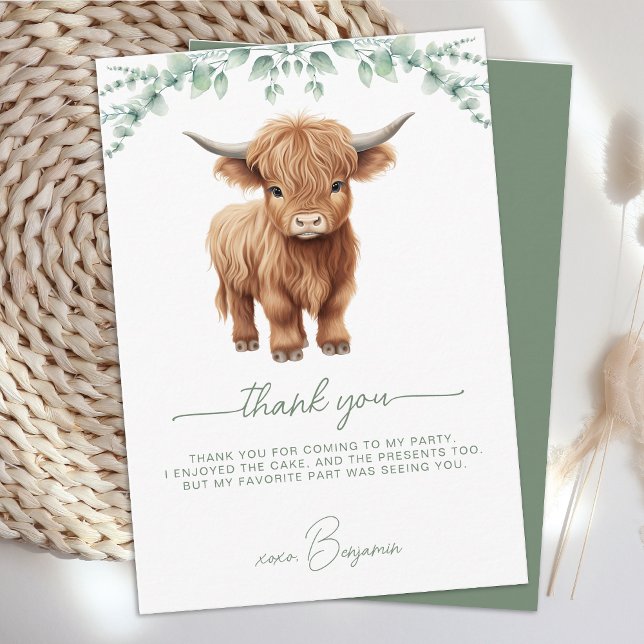 Carte De Remerciements Highland Cow Boho Green Farm Animal Anniversaire (Créateur téléchargé)