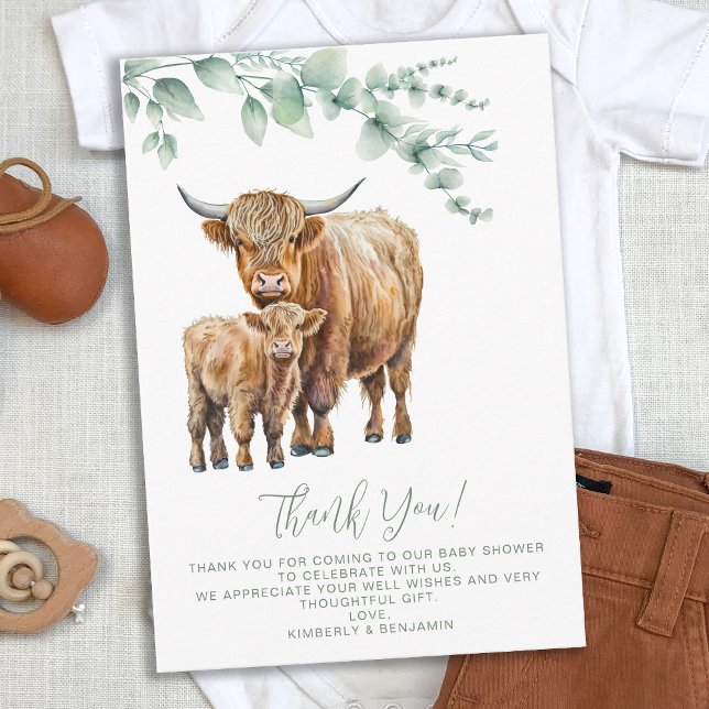 Carte De Remerciements Highland Cow Boho Sage Baby shower de verdure (Créateur téléchargé)