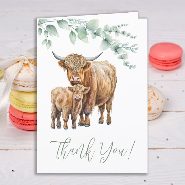 Carte De Remerciements Highland Cow Boho Végétation Baby shower animal de (Créateur téléchargé)
