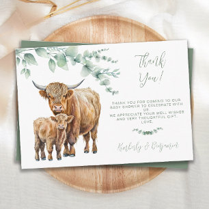 Carte De Remerciements Highland Cow Green Baby shower d'animaux de ferme