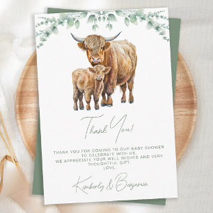 Carte De Remerciements Highland Cow Greenery Boho Farm Baby shower animal