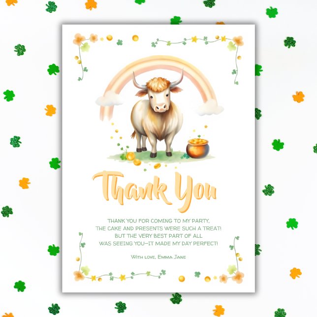 Carte De Remerciements Highland Cow Rainbow Jour de la Saint Patrick (Highland Cow Rainbow St. Patrick’s Day Birthday Thank You Card)