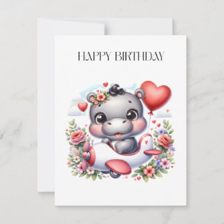 Carte De Remerciements Hippopotame mignon dans un avion en forme de cœur