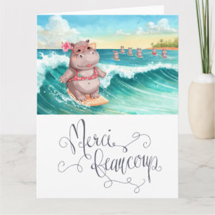 Carte De Remerciements Hippopotame surfeur sur planche de surf flottant d