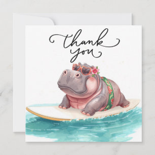 Carte De Remerciements Hippopotame surfeur sur planche de surf flottant d