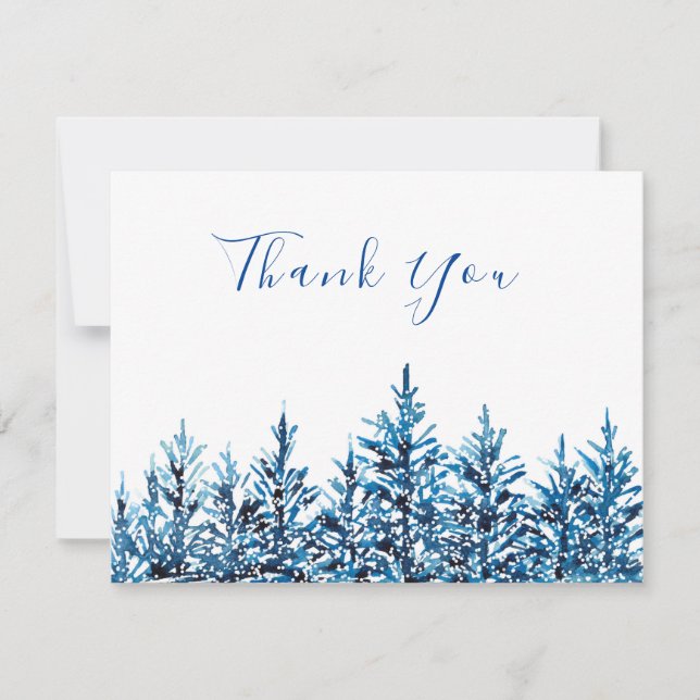 Carte De Remerciements Hiver Aquarelle Bleue Pins Arbres (Devant)