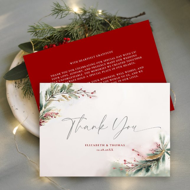 Carte De Remerciements hiver Aquarelle de Noël Vert vert rouge vert (winter christmas wedding bridal shower thank you greenery botanical berries red green watercolor)