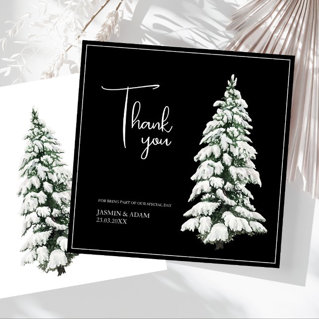 Carte De Remerciements Hiver Noir Neige Arbre de Noël Mariage (Winter Black and White Snowy Pine Tree Wedding Thank You Card)
