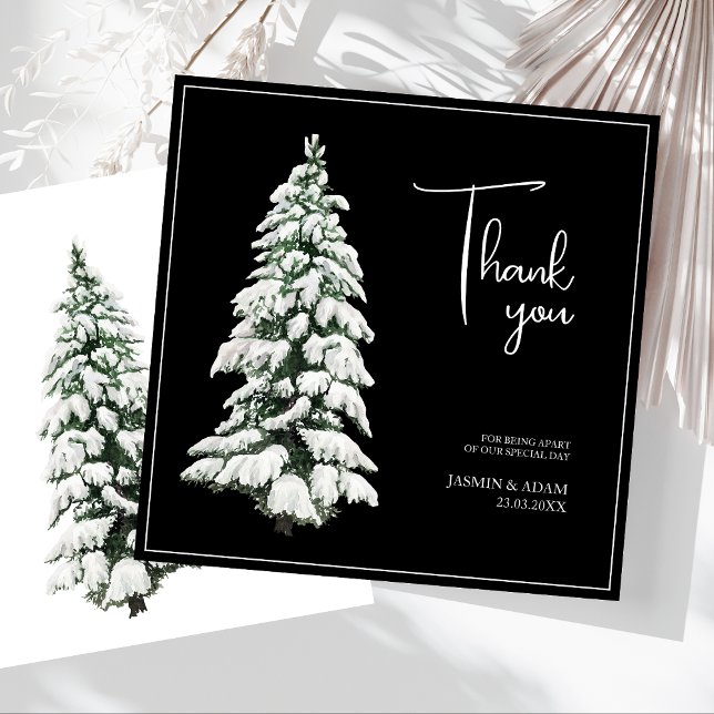 Carte De Remerciements Hiver Noir Neige Arbre de Noël Mariage (Winter Black and White Snowy Pine Tree Wedding Thank You Card)
