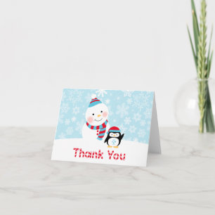 Carte De Remerciements Hiver ONE derland Anniversaire Snowman et Penguin