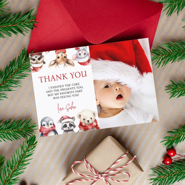 Carte De Remerciements Hiver Onederland 1er anniversaire Animaux (Winter Onederland - 1st birthday thank you card)