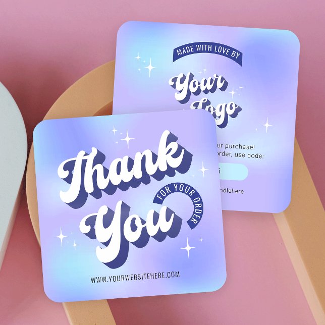 Carte de remerciements Holographique Super tendanc (Retro style thank you for order cards with groovy fonts in blue and purple)