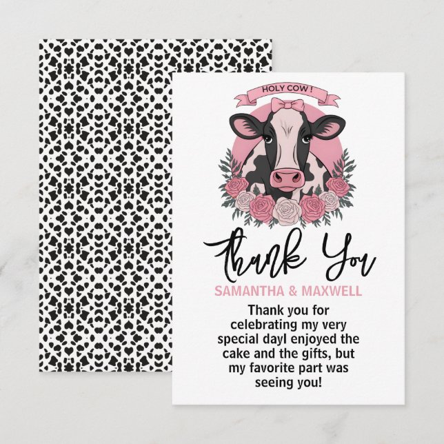Carte De Remerciements Holy Cow I’m One Cowgirl 1st Birday Party (Devant / Derrière)