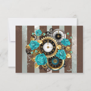 Carte De Remerciements Horloge Steampunk et roses turquoise sur fond rayé