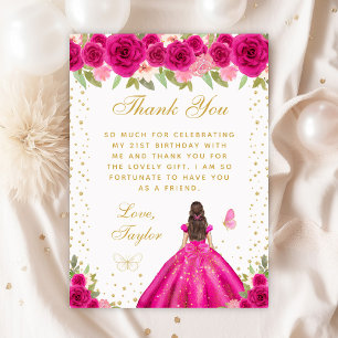 Carte De Remerciements Hot rose Brunette Hair Princess Anniversaire