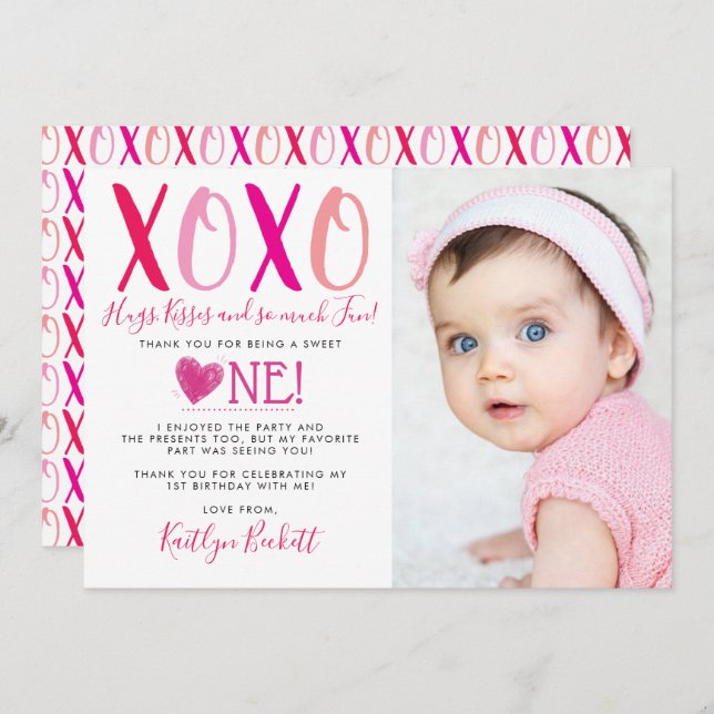 Carte De Remerciements Hugs & Kisses (XOXO) Valentine's Day 1st Birthday (Devant / Derrière)