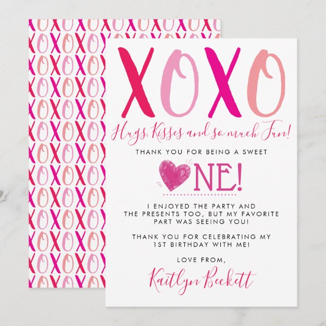 Carte De Remerciements Hugs & Kisses (XOXO) Valentine's Day 1st Birthday (Devant / Derrière)