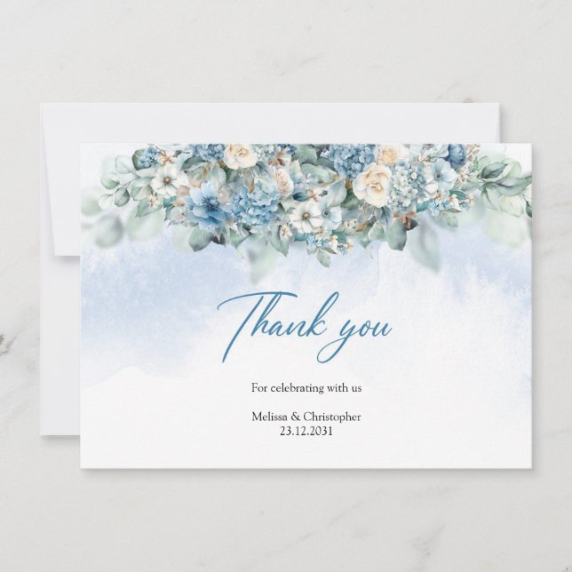 Carte De Remerciements Hydrangea bleu bohème et roses blanches eucalyptus (Devant)