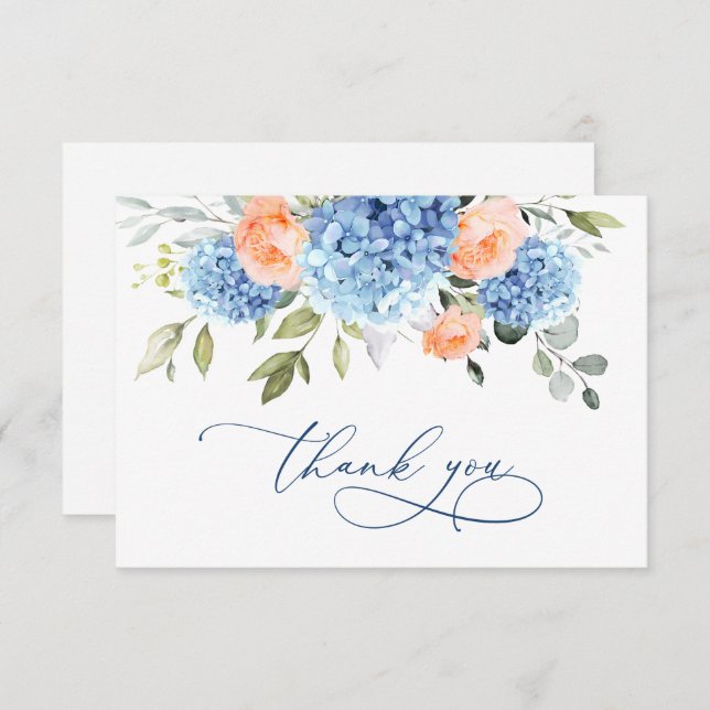 Carte De Remerciements Hydrangea Bleue Élégante Roses Fleurs Rose Pale (Devant / Derrière)