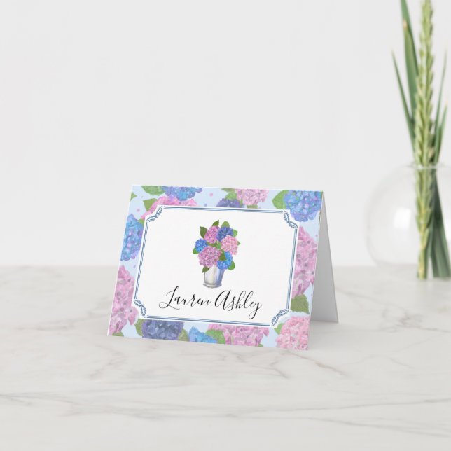 Carte De Remerciements Hydrangeas Aquarelles Notes Pliées (Bleus & Roses) (Devant)