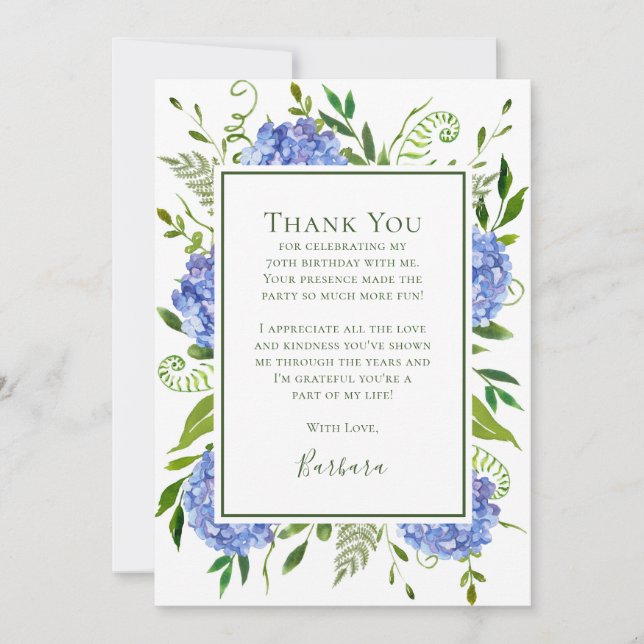 Carte De Remerciements Hydrangeas Bleus 70e Anniversaire  (Devant)
