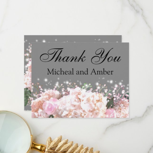 Carte De Remerciements Hydrangeas gris et blanc romantiques roses roses (Devant/Arrière en situation)