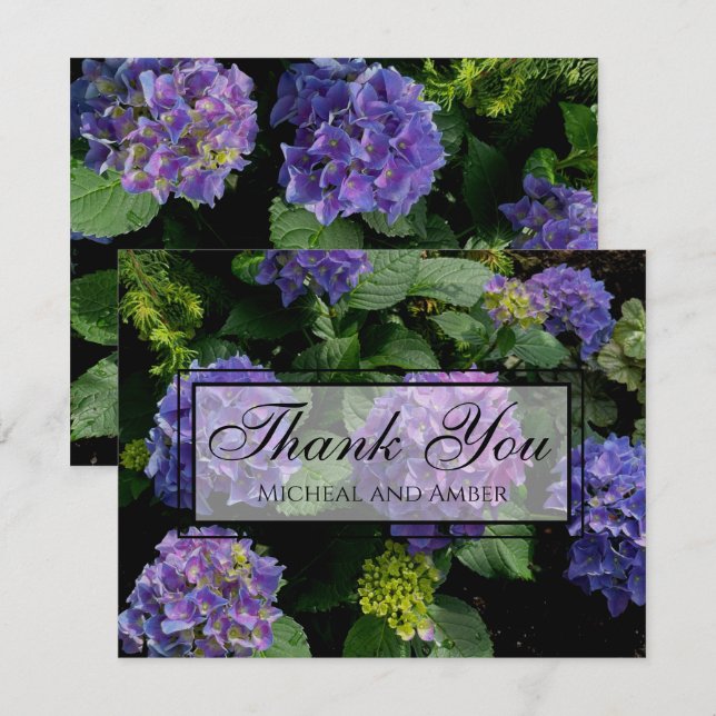Carte De Remerciements Hydrangeas jardin fleuri bleu violet (Devant / Derrière)