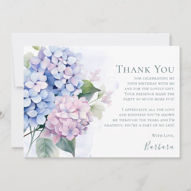 Carte De Remerciements Hydrangeas Rose Bleu 70e Anniversaire  (Devant)
