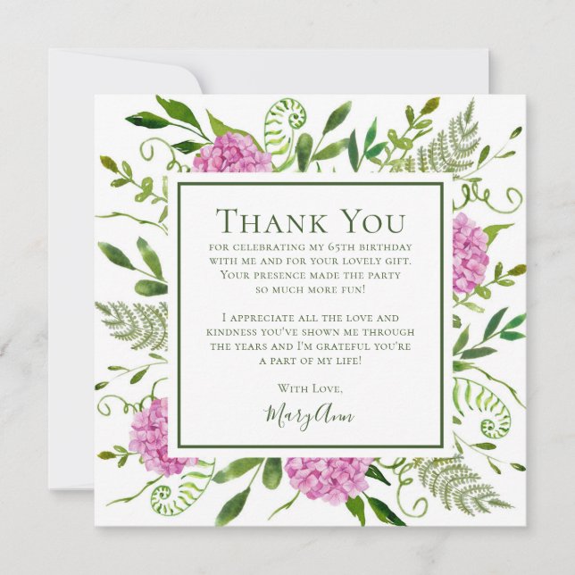 Carte De Remerciements Hydrangeas roses 65e anniversaire  (Devant)