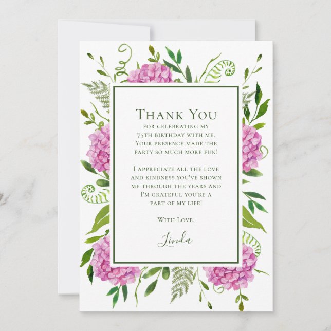 Carte De Remerciements Hydrangeas Roses 75 ans  (Devant)