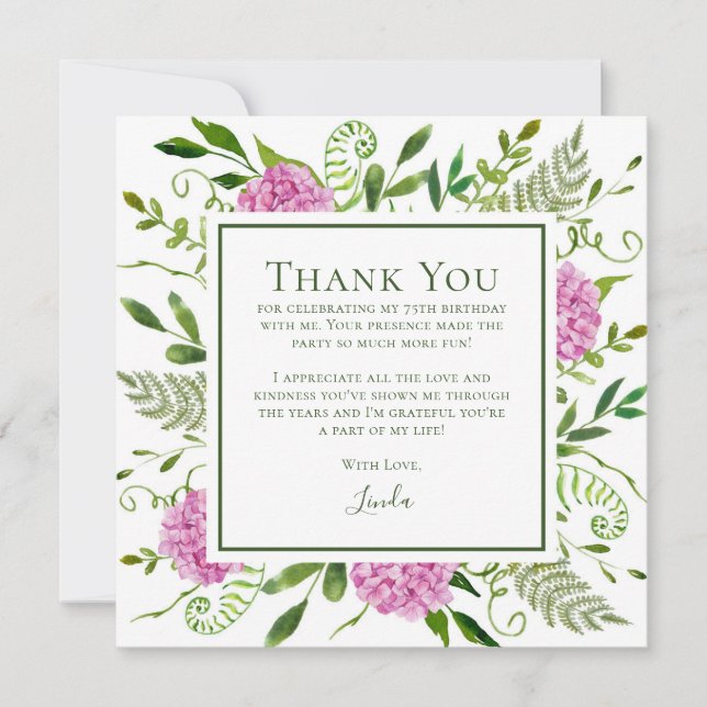 Carte De Remerciements Hydrangeas Roses 75 ans  (Devant)