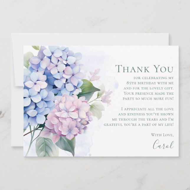 Carte De Remerciements Hydrangeas Roses Bleues 85e Anniversaire  (Devant)