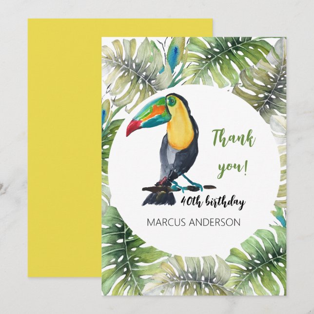 Carte De Remerciements Illustration aquarelle exotique de toucan (Devant / Derrière)