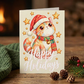 Carte De Remerciements Illustration de chat de Noël mignon avec charme fe